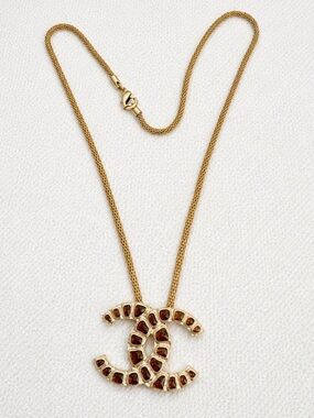 Chanel Gold-Tone CC Pendant Necklace with Brown Stones